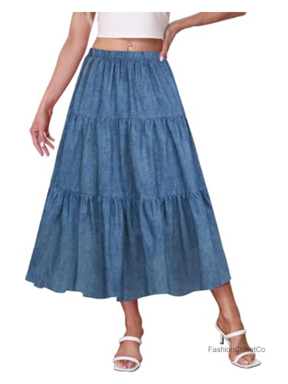 Boho Midi Skirt A-Line Flowy High Waisted Elastic Waist Cotton Polyester